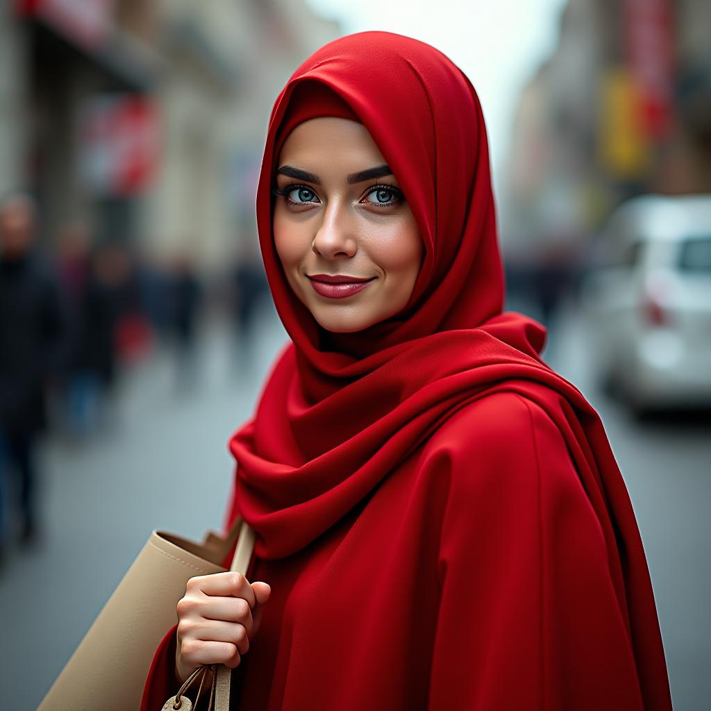  a muslim woman in red with blue eyes carrying a bag from china.