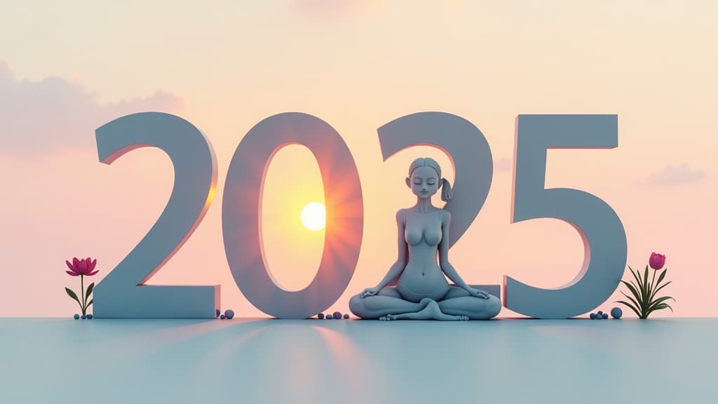  the number '2025' written in a font that imitates the silhouette of a person doing yoga. the background is pastel colors, creating a feeling of calm and harmony. next to the number are small elements symbolizing meditation and a healthy lifestyle: lotus, sun, moon {prompt}, maximum details