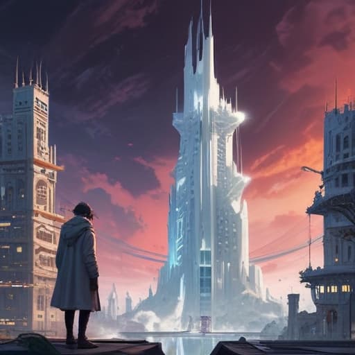 In the digital art style of Akina Fujiwara, envision Cronomalia Città Bianca standing tall in a futuristic cityscape. The card is depicted as a towering, ancient white city surrounded by swirling time vortexes. Two majestic Cronomalia monsters of level 6 are seen bowing before the city, paying homage to its power. The city radiates a soft white light, illuminating the surrounding area and creating a sense of mystical energy. As the city pulses with power, the ground beneath it crackles with electricity, symbolizing its ability to negate and reduce the strength of any foe that dares to challenge it. fantastical creatures or characters inspired by mythology, folklore, or popular culture. use vibrant colors, sharp lines, intricate details, dy