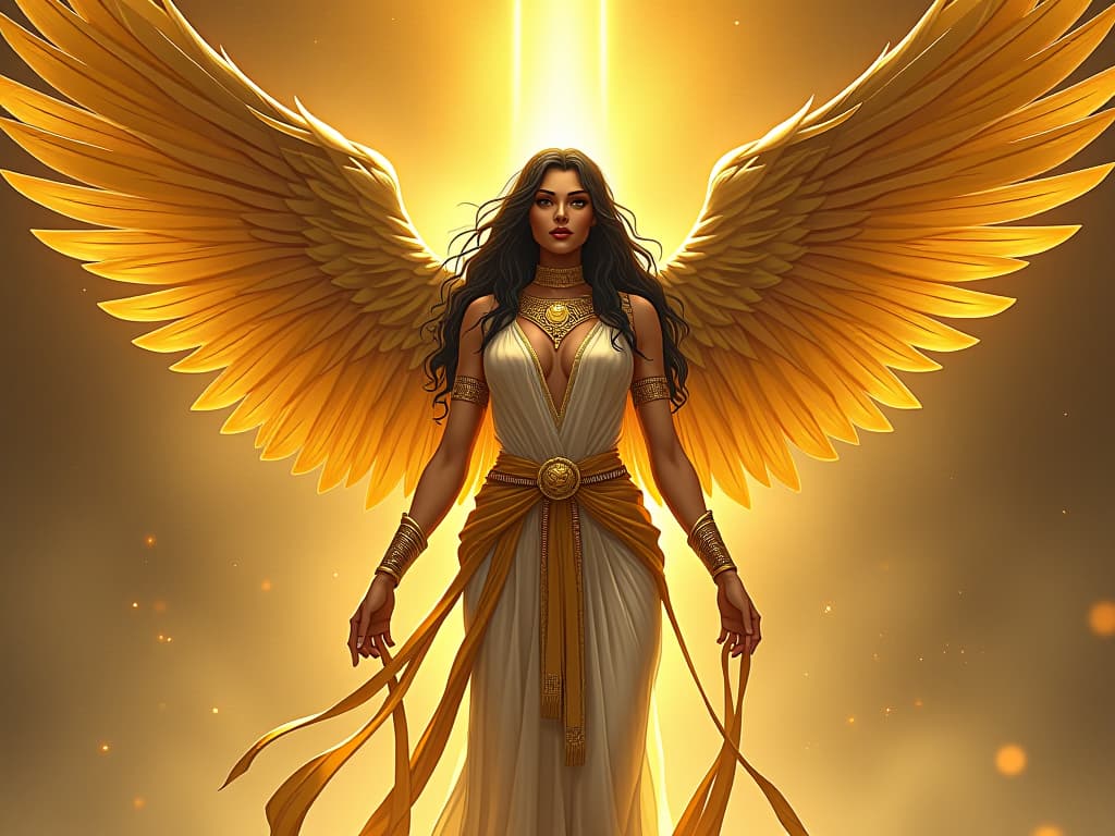  an angelic large busted figure with golden wings in sheer attire, standing tall amidst swirling celestial light, her presence exuding an aura of hidden divine purpose and kindness.. the style is digital art illustration / modern comic book / mysterious occult, symbolic, esoteric vibe,high detail on character design, incorporating ancient egyptian symbology and attire.