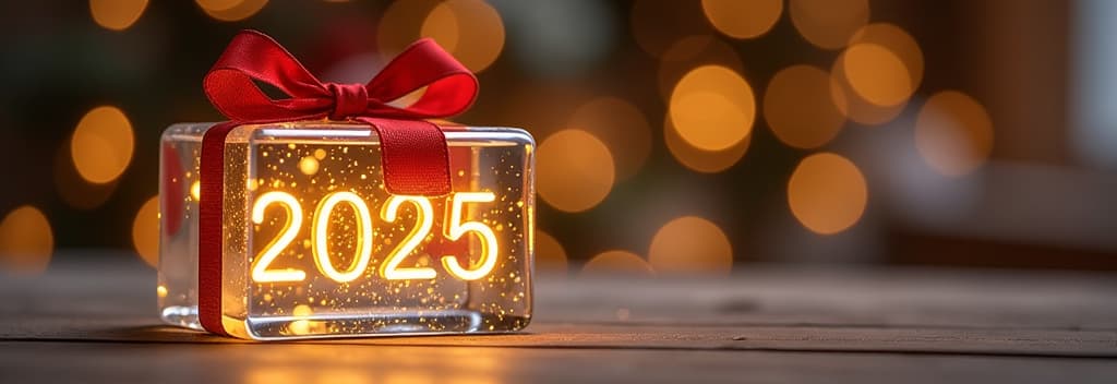  real estate photography style transparent glass christmas gift with glass bow, golden glowing text “2025”, festive golden bokeh background ar 3:2 ar 3:1 . professional, inviting, well lit, high resolution, property focused, commercial, highly detailed