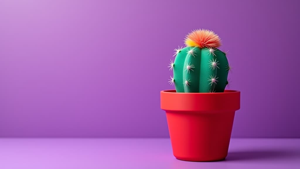  a colorful cactus toy in a red pot displayed against a vibrant purple backdrop creating a striking scene with copy space image