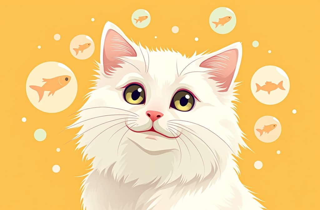  flat illustration, flaticon, (illustration:1.15), portrait fluffy white cat , smiling cat looking at camera, cartoon drawn circles with fishes inside circles flying around cat head, yellow pastel solid background ar 3:2, [cory loftis, strobist, pascal campion :: 0.2]