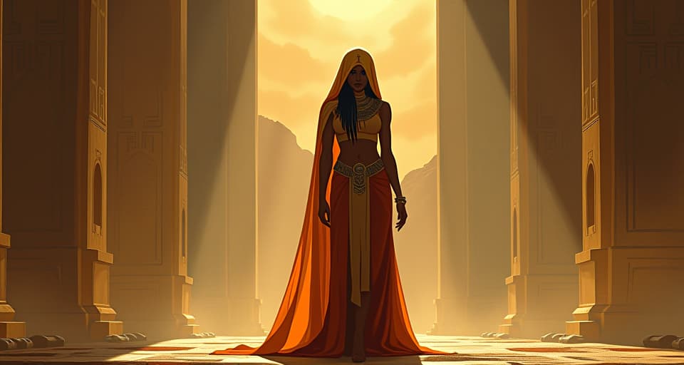  a large busted priestess in tight, ceremonial robes, standing before a grand temple, beams of light marking each step, atmosphere of destiny unfolding. the style is digital art illustration / modern comic book / mysterious occult, symbolic, esoteric vibe,high detail on character design, incorporating ancient egyptian symbology and attire.