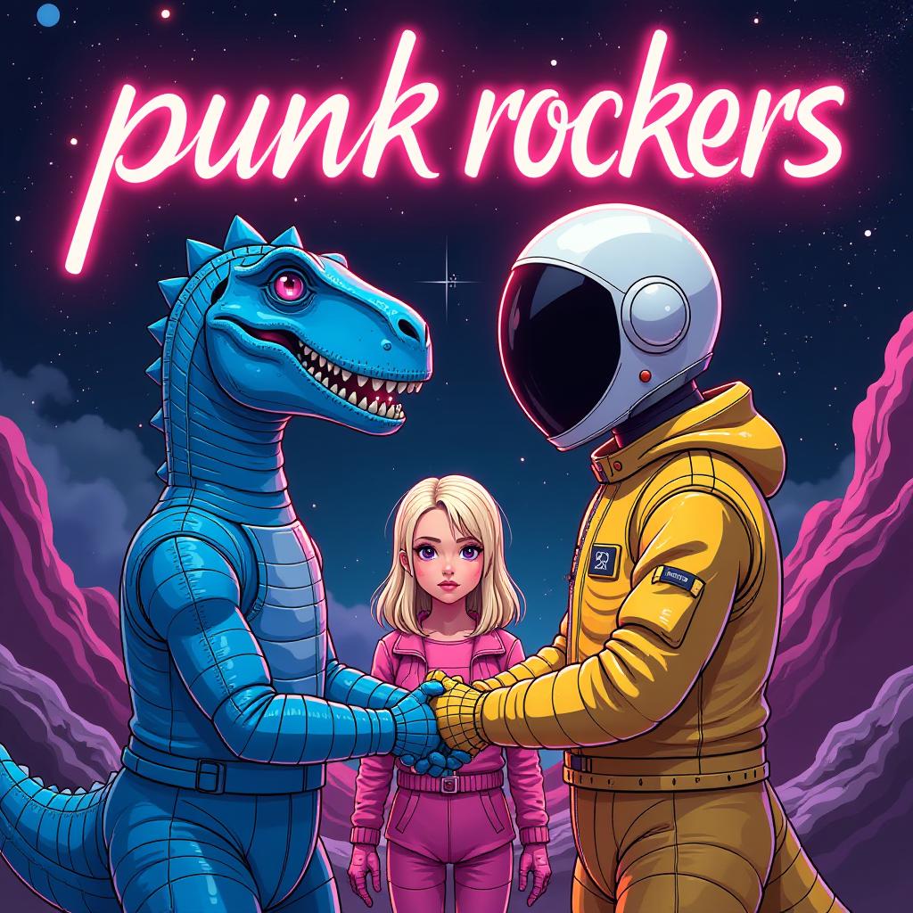  a poster of the cartoon features the text "punk rockers" in large neon letters, set against a space background. the main characters include blue interstellar dinosaurs and a blonde girl wearing a white helmet and pink gloves, holding hands as if they were futuristic astronauts floating around each other. between them is the yellow robot duo daft punk dressed like instagram models, posing for the camera, with an epic composition and vibrant colors in a full body shot, in the style of a colorful cartoon, 80s anime, with retro colors, high resolution, hyper detailed render, detailed faces, epic composition, and a space background with a galaxy sky and stars. chaos 2 ar 85:128 stylize 888 weird 1 v 6.1 hyperrealistic, full body, detailed clothing, highly detailed, cinematic lighting, stunningly beautiful, intricate, sharp focus, f/1. 8, 85mm, (centered image composition), (professionally color graded), ((bright soft diffused light)), volumetric fog, trending on instagram, trending on tumblr, HDR 4K, 8K