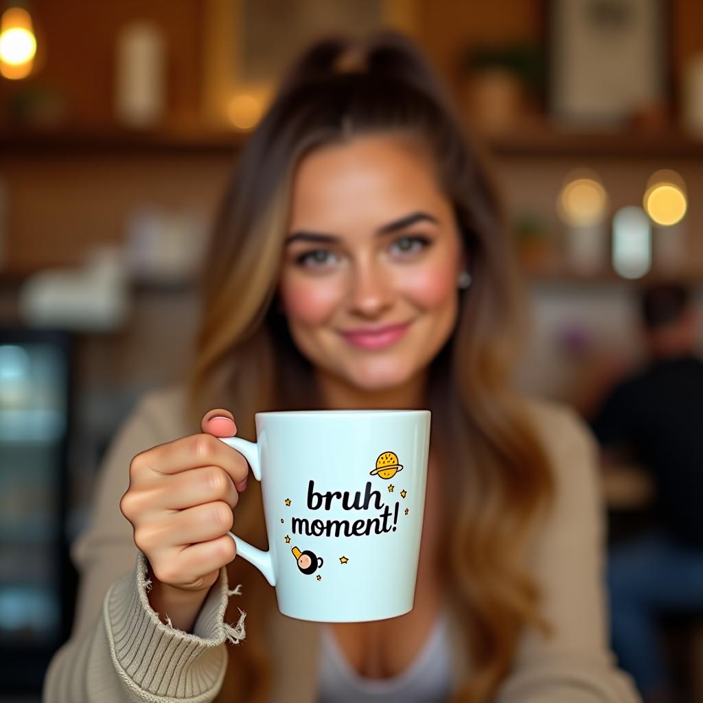  ariana grande in a coffee shop holding up a mug that says "bruh moment" with cute graphics surrounding the text