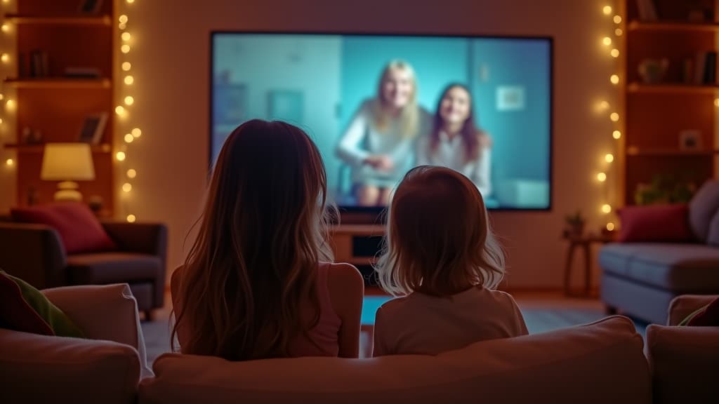  rear view photo of happy mommy and child watching movie cosy room indoors