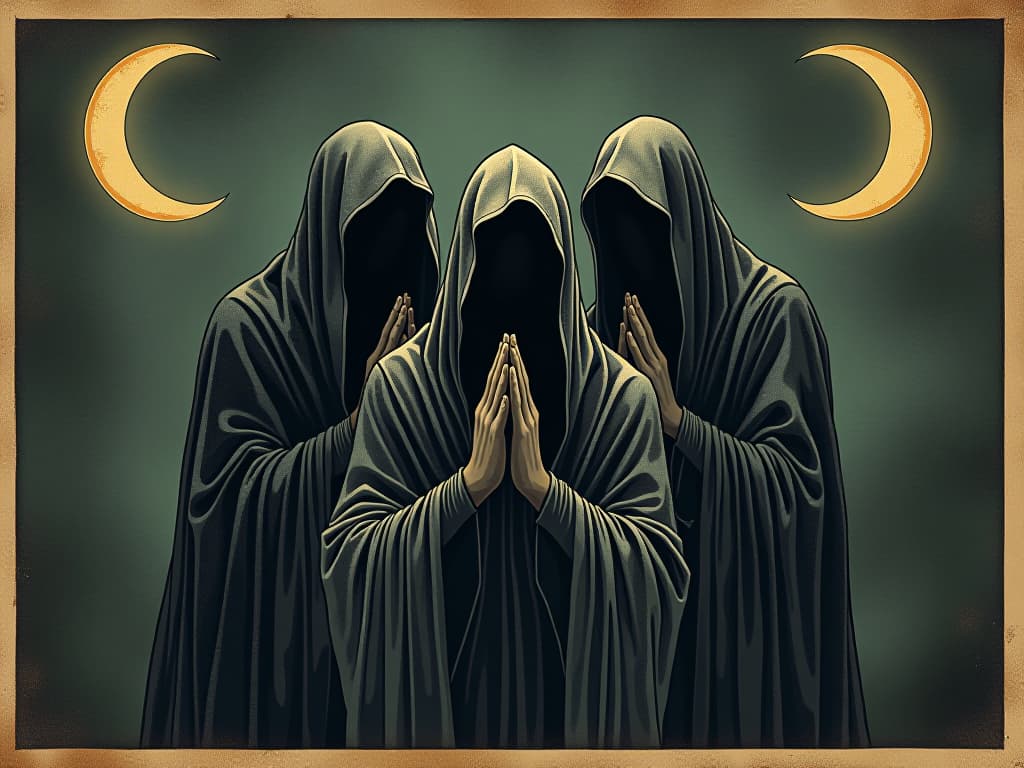  shrouded figures whispering in the darkness, crescent moons framing the scene, subtle glow, eerie, mysterious, calculating. an illustration in the style of a worn, mystical old tarot trump card, mysterious and elements of surrealism. the colors are muted, somber and eerie, but with contrast bring out an occult and esoteric vibe.