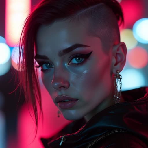  ultra realistic close up portrait ((beautiful pale cyberpunk female with heavy black eyeliner)), blue eyes, shaved side haircut, hyper detail, cinematic lighting, magic neon, dark red city, canon eos r3, nikon, f/1.4, iso 200, 1/160s, 8k, raw, unedited, symmetrical balance, in frame, 8k hyperrealistic, full body, detailed clothing, highly detailed, cinematic lighting, stunningly beautiful, intricate, sharp focus, f/1. 8, 85mm, (centered image composition), (professionally color graded), ((bright soft diffused light)), volumetric fog, trending on instagram, trending on tumblr, HDR 4K, 8K