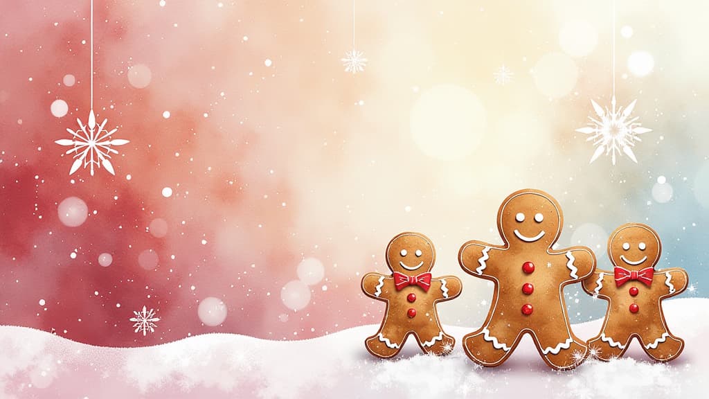  artwork christmas gingerbread cookies abstract background ar 16:9, watercolor techniques, featuring fluid colors, subtle gradients, transparency associated with watercolor art