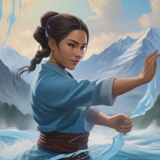 A picture of Katara using her waterbending skills in Oil painting style with Mountains background