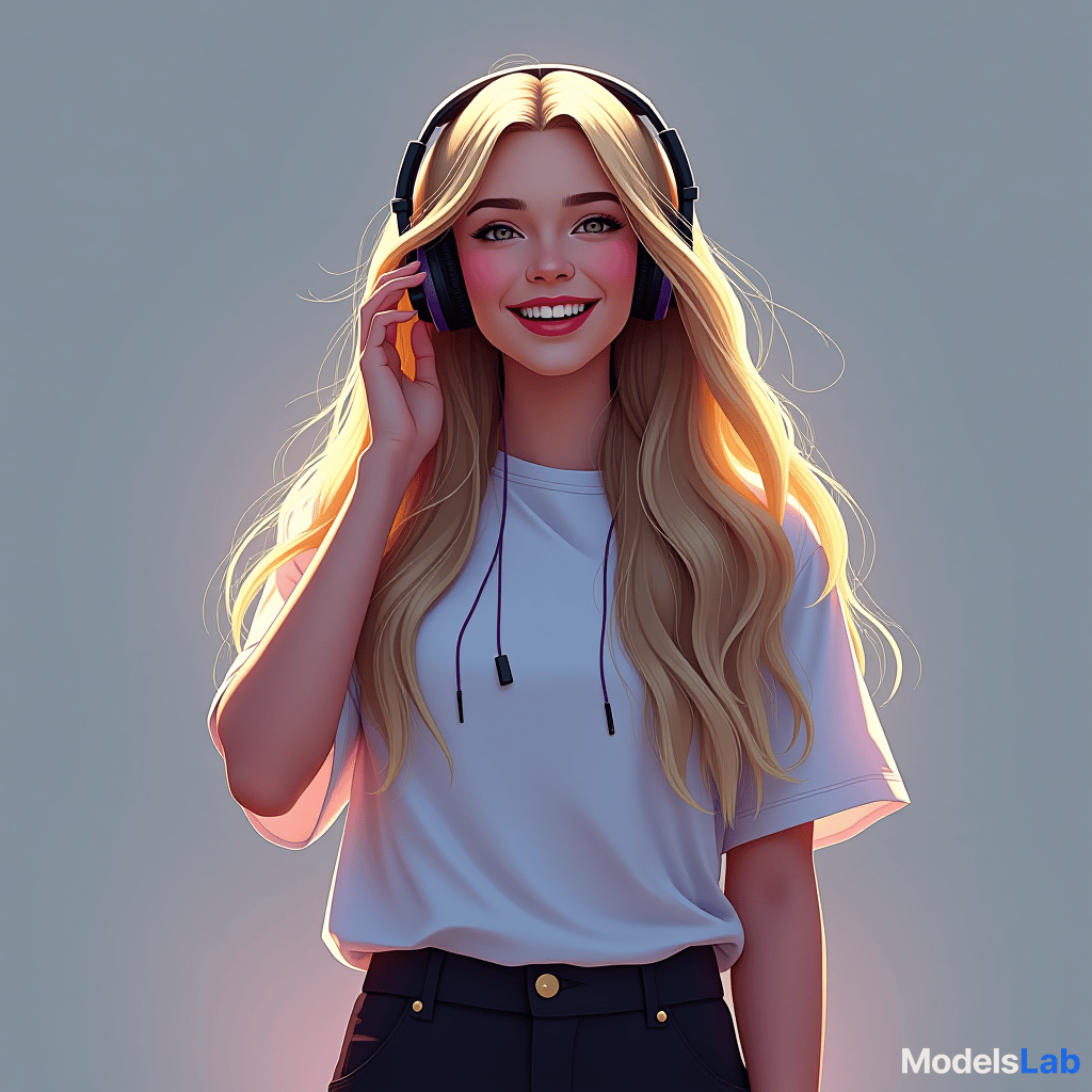  minimal girl wearing headphone, happy face, enjoying music, open long blonde hairs, purple zipper with white tshirt, black pants, vector style, concept art, digital painting, looking into camera hyperrealistic, full body, detailed clothing, highly detailed, cinematic lighting, stunningly beautiful, intricate, sharp focus, f/1. 8, 85mm, (centered image composition), (professionally color graded), ((bright soft diffused light)), volumetric fog, trending on instagram, trending on tumblr, HDR 4K, 8K