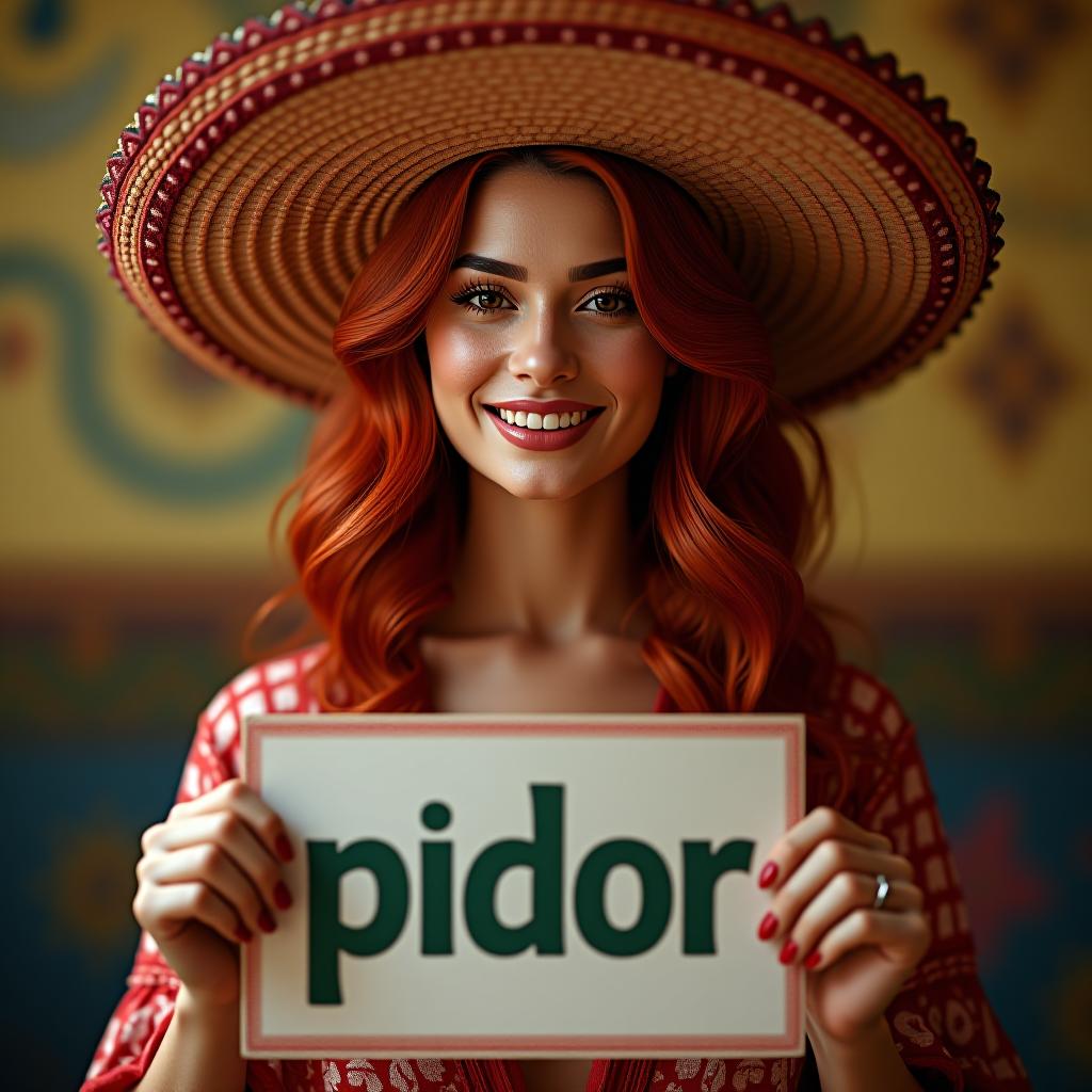  a beautiful woman with red hair and a low neckline and a sombrero hat, smiling and holding a sign with the text "pidor". hyperrealistic, full body, detailed clothing, highly detailed, cinematic lighting, stunningly beautiful, intricate, sharp focus, f/1. 8, 85mm, (centered image composition), (professionally color graded), ((bright soft diffused light)), volumetric fog, trending on instagram, trending on tumblr, HDR 4K, 8K