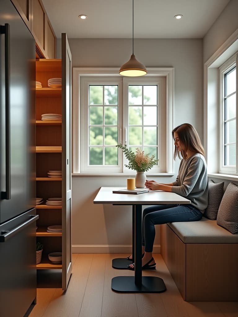  high quality portrait photo of a small kitchen with a pull out pantry, corner carousel cabinets, and a compact breakfast nook with bench seating, viewed from above to showcase the efficient layout hyperrealistic, full body, detailed clothing, highly detailed, cinematic lighting, stunningly beautiful, intricate, sharp focus, f/1. 8, 85mm, (centered image composition), (professionally color graded), ((bright soft diffused light)), volumetric fog, trending on instagram, trending on tumblr, HDR 4K, 8K