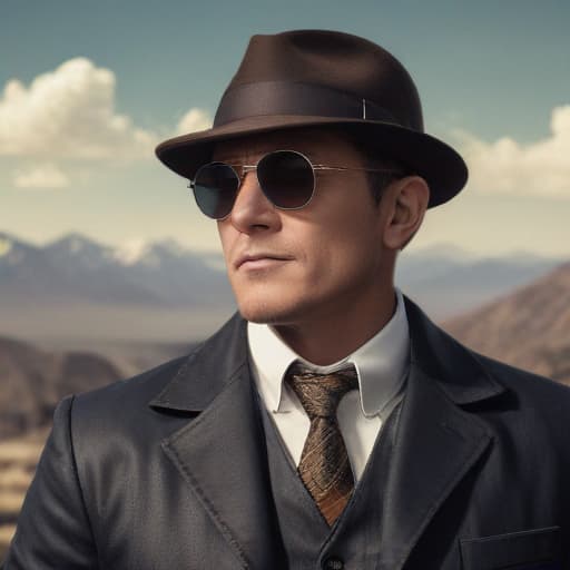 Reymond reddington with sunglasses old in Steampunk style with Mountains background