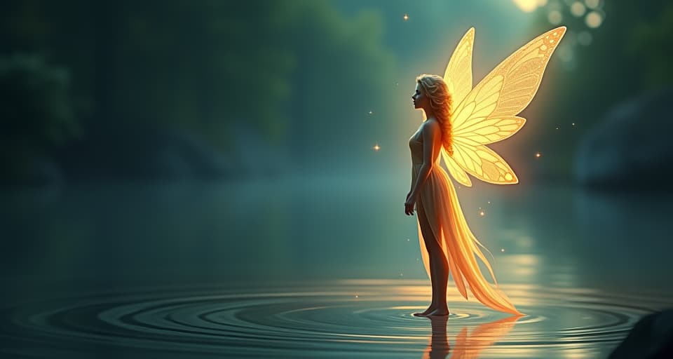  a serene fairy glowing with an otherworldly light, standing beside a tranquil, shimmering lake. her wings glisten with intricate patterns, and she is surrounded by a glowing aura, signifying her unique presence.. the style is digital art illustration,highly detailed, whimsical,magical, dreamlike atmosphere, realism and fantasy blend, smooth, glossy textures,luminous quality, wonder and enchantment.