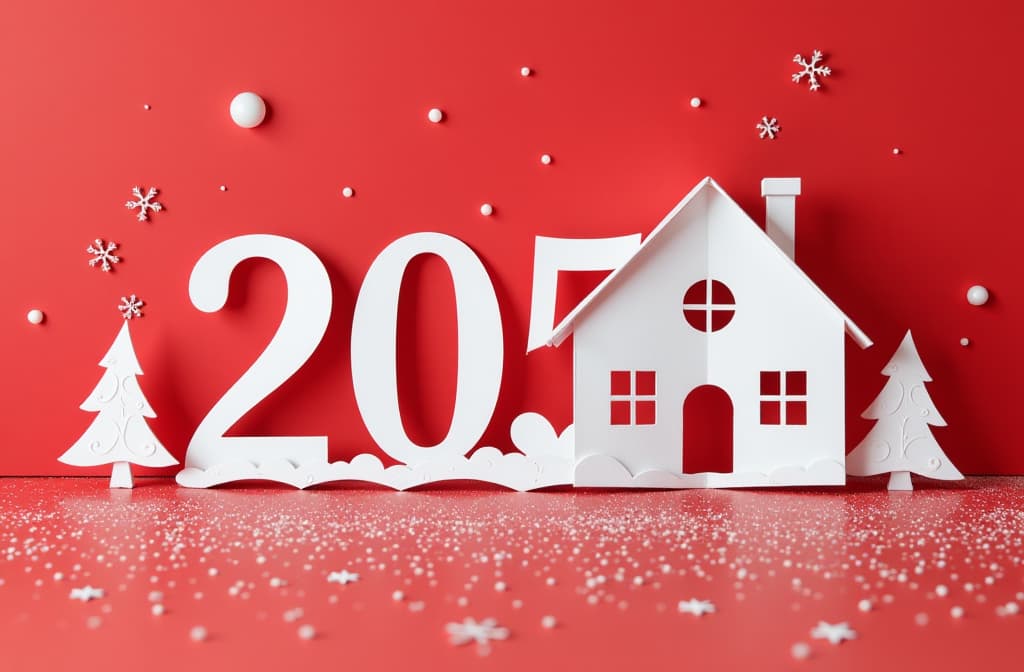  white letters “2025” instead of “0” paper house, christmas red background, flat lay, {prompt}, maximum details