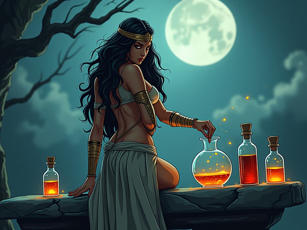  large busted sorceress in sheer, form fitting clothing, crafting potions at a stone bench under the full moon, scene of inspired and magical action. the style is digital art illustration / modern comic book / mysterious occult, symbolic, esoteric vibe,high detail on character design, incorporating ancient egyptian symbology and attire.