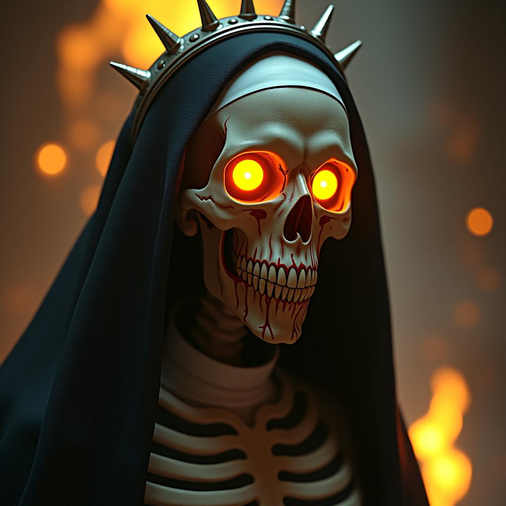  hyper realistic digital illustration with the luminous, intricate detailing of the skeletal, demonic nun with an ethereal glow emanating from fiery eyes, sharp, blood streaked teeth and fangs, surrounded by spiked, metallic halo and embellished headpiece, contrasting dark shadows and harsh highlights emphasizing the surreal and eerie textures, the background blurred with floating embers and a golden, ominous ambiance, with intricate bone structures and subtle cracks interwoven into surreal, haunting and intimidatingly fine details permeating through the image. hyperrealistic, full body, detailed clothing, highly detailed, cinematic lighting, stunningly beautiful, intricate, sharp focus, f/1. 8, 85mm, (centered image composition), (professionally color graded), ((bright soft diffused light)), volumetric fog, trending on instagram, trending on tumblr, HDR 4K, 8K