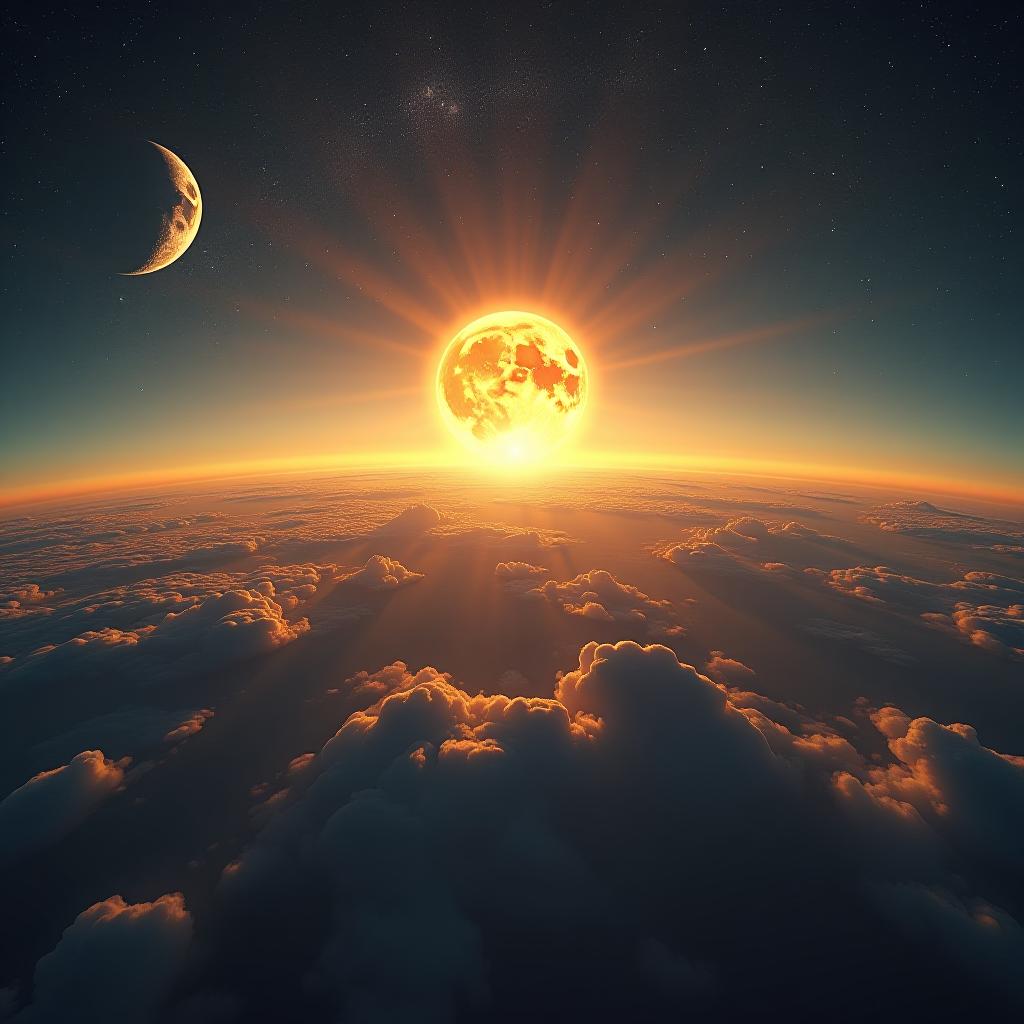  create a high quality, photorealistic image that vividly depicts the following scene: "an ultra high definition, full frame panorama of a fantastical earth backdrop, featuring the sun and moon depicted as running rivals. the sun, tenacious and glowing, shows a puzzled face as it moves east, dragging radiant streaks of yellow brightness across the sky. simultaneously, the moon on the contrary side exudes cockiness yet appears bewildered, as it softly radiates before disappearing into the evening, creating a gentle glow. saturated hues, a cosmic path traced over the firmament, garnished with whirls of clouds and flashes of effulgence. taken with a canon eos r5, sony gm lens, f/11, iso 400, 1/500s, a meticulously aligned panorama in raw f hyperrealistic, full body, detailed clothing, highly detailed, cinematic lighting, stunningly beautiful, intricate, sharp focus, f/1. 8, 85mm, (centered image composition), (professionally color graded), ((bright soft diffused light)), volumetric fog, trending on instagram, trending on tumblr, HDR 4K, 8K