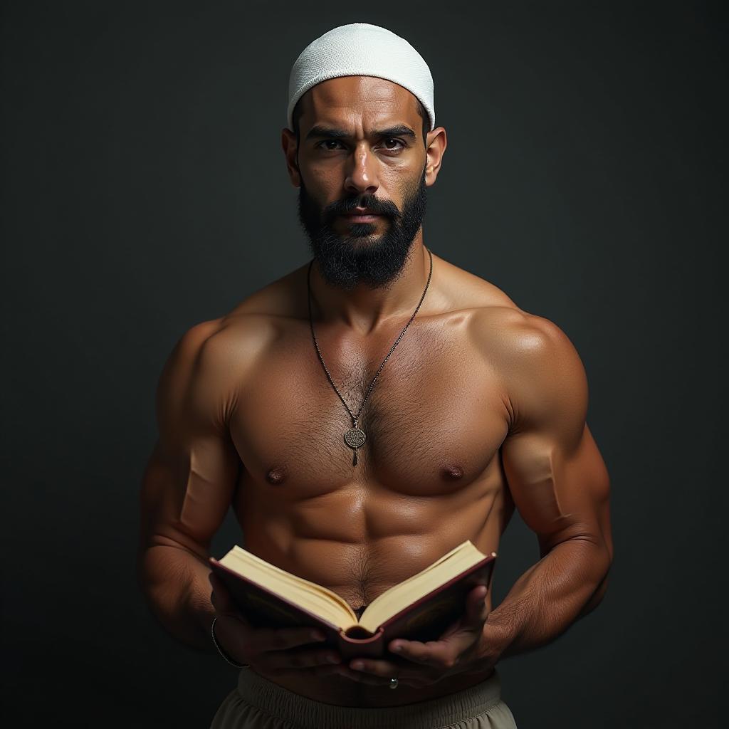  the indian muslim man, shirtless, showcasing his muscular physiques. the man is wearing a muslim cap and holding qur'an book in both hand, hyperrealistic, full body, detailed clothing, highly detailed, cinematic lighting, stunningly beautiful, intricate, sharp focus, f/1. 8, 85mm, (centered image composition), (professionally color graded), ((bright soft diffused light)), volumetric fog, trending on instagram, trending on tumblr, HDR 4K, 8K