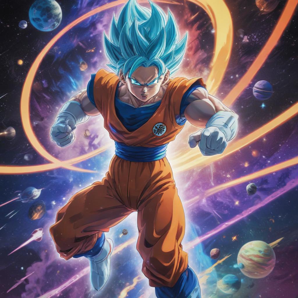 distance-shot, flashy, full-body, dynamic, holographic, animated cartoon poster of space in the style of dragon ball super