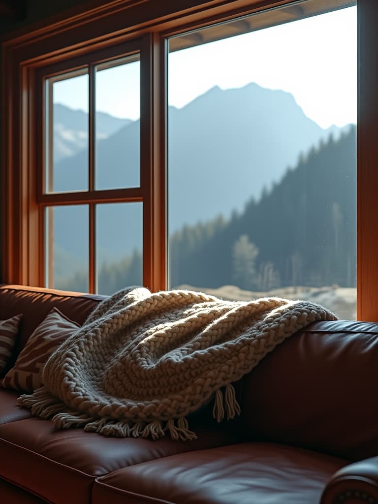  high quality portrait photo of a rustic living room with a large picture window overlooking a mountain landscape, featuring a chunky knit throw blanket on a leather sofa hyperrealistic, full body, detailed clothing, highly detailed, cinematic lighting, stunningly beautiful, intricate, sharp focus, f/1. 8, 85mm, (centered image composition), (professionally color graded), ((bright soft diffused light)), volumetric fog, trending on instagram, trending on tumblr, HDR 4K, 8K