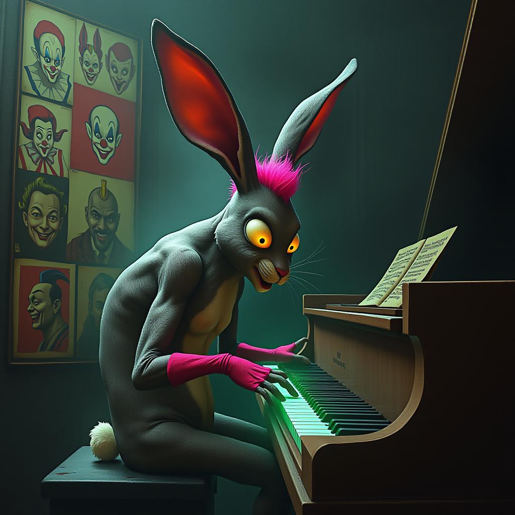  a chaotic, dynamic scene of a disheveled, mutated, anthropomorphic rabbit playing a grand piano in a smoky, dimly lit,circus themed room. the rabbit's exaggerated, long ears are bent and twisted, with a pink, punk style hairstyle on top. its bulging, intense eyes convey a deep concentration and determination. the room is adorned with painted, distorted clown faces on the walls, and a collection of vintage circus posters hang in disarray. the grand piano keys are a glowing neon green, and the rabbit's paws are wrapped in bright red fabric, providing a striking contrast to the scene's overall dark tones. the background is a dark, swirling vortex, hinting at a larger, insane world beyond the room. the overall style is reminiscent of ralph stea