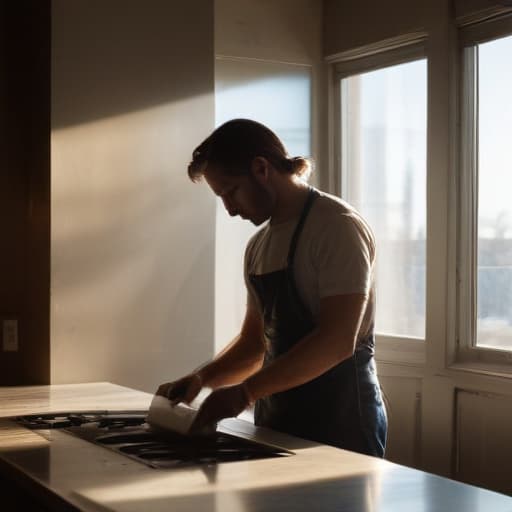 A photo of a diligent maintenance worker meticulously cleaning a dusty vent in an elegant, upscale kitchen during the late afternoon, with warm sunlight streaming in through the large windows, creating a beautiful play of shadows and highlights on the gleaming stainless steel surfaces.