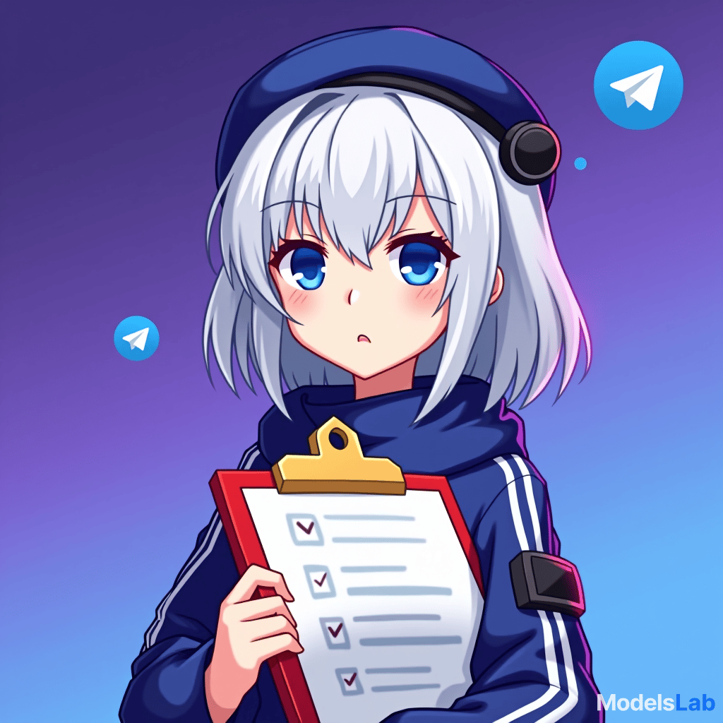  good quality, high quality, a profile picture for a telegram group management bot featuring emilia from re:zero. emilia is depicted with her silver hair and blue eyes, with hat, holding a stylized clipboard with a checklist. the background is a soft gradient of telegram logo purple and blue, symbolizing efficiency and organization. the telegram iconic logo is subtly integrated into the background, starting small near emilia and gradually growing in size and brightness as it moves outward, blending smoothly with the gradient colors.