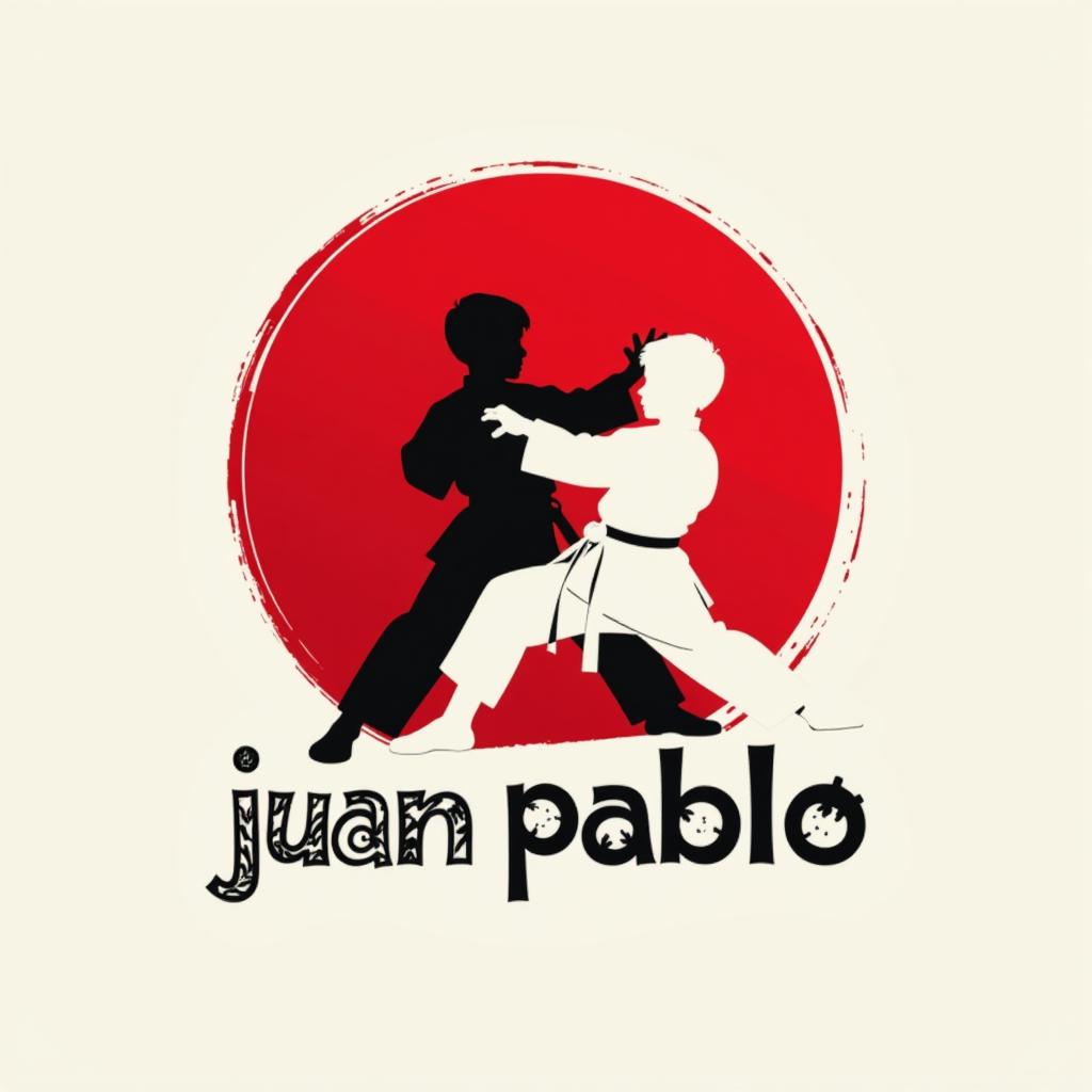  design a logo, in a minimalism style. logotipo de emblema, con el texto escrito ‘juan pablo”’, tema de tae kwon do , negro blanco y rojo, incluye silueta de joven combatiendo en tae kwon do