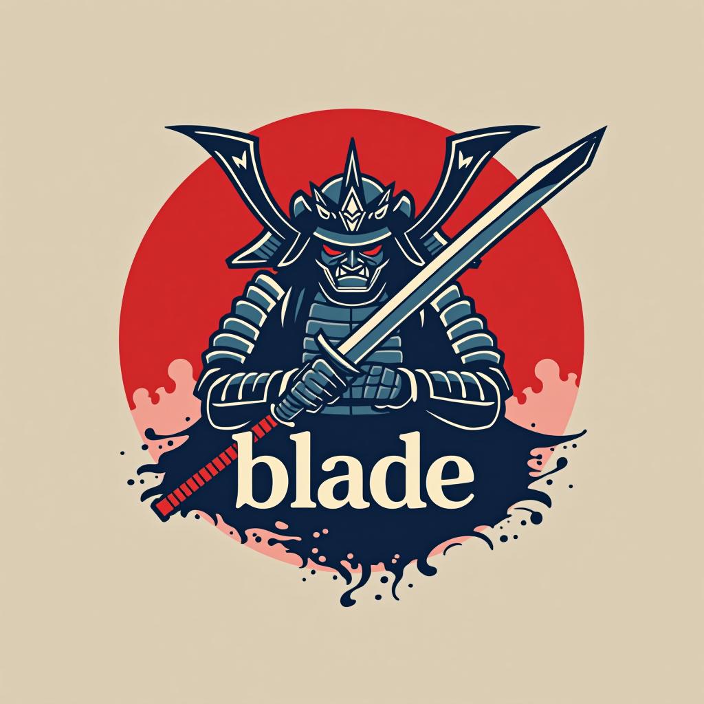  design a logo, emblem logo, with the written text ‘blade’, samurai theme, red and blue.