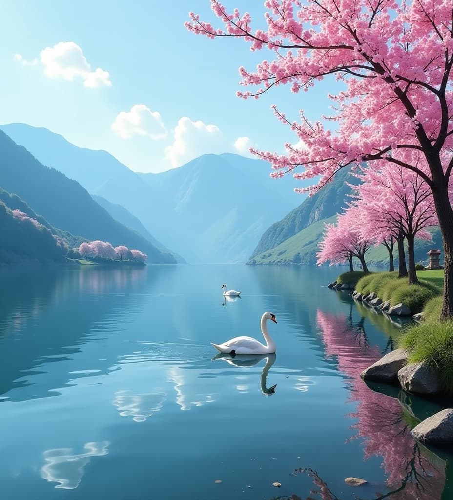  the image depicts a serene lake, its surface like a mirror reflecting the surrounding lush green mountains and the bright blue sky. sunlight filters through sparse clouds, casting a warm glow that breathes life into the scene. along the shore, a row of blooming cherry blossom trees sways gently in the breeze, their pink petals falling softly like a delicate carpet over the water. in the distance, a few graceful swans glide effortlessly across the lake, creating gentle ripples that add a touch of movement. overall, the composition exudes tranquility and beauty, capturing a moment where time seems to stand still, inviting viewers to immerse themselves in its charm., high quality, high details, hd, perfect composition, 4k epic detailed, highly