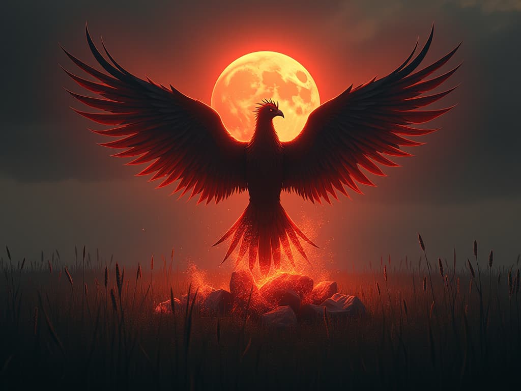  a phoenix rising from its ashes in a mystical meadow, symbols of rebirth and transformation around, dawn breaking, sense of renewal and hope.. the style is dark fantasy and mysterious occult, symbolic, moody lighting, esoteric vibe,high detail on character design. for the color scheme emphasize blacks and reds.