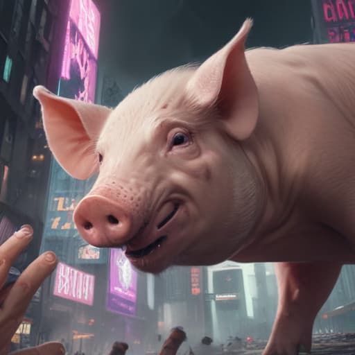 Show A close fist from a human punching and breaking the snout of a pig in Cyberpunk style with City background