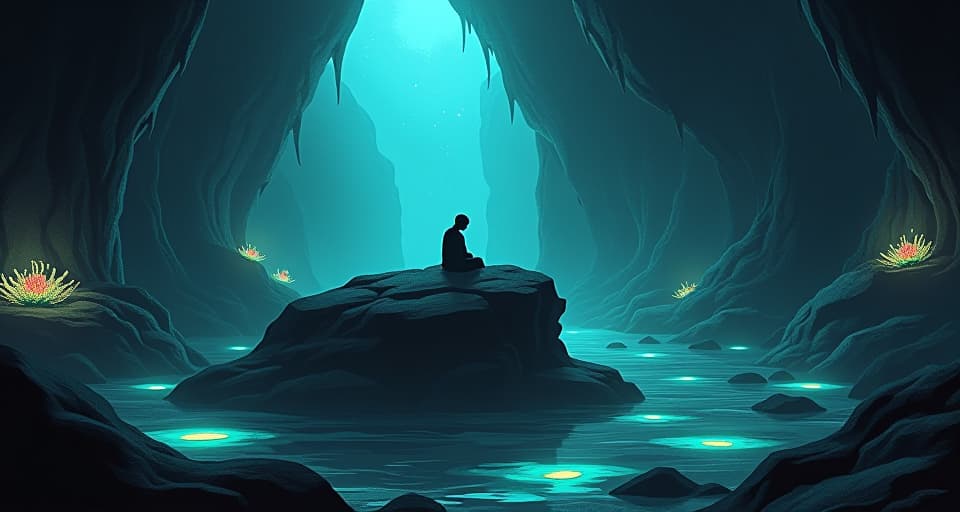  a lone figure sitting on a glowing rock, surrounded by bioluminescent plants in an enchanted cave, mood somber and reflective. the style is digital art illustration,highly detailed, whimsical,magical, dreamlike atmosphere, realism and fantasy blend, smooth, glossy textures,luminous quality, wonder and enchantment.