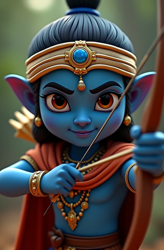  blue skinned lord rama with bow and arrow , disney pixar poster, pixar movie style, animated disney cartoon face, disney face, portrait, cute face, round face, cartoon character, disney character, disney animated movies, disney pixar hyperrealistic, full body, detailed clothing, highly detailed, cinematic lighting, stunningly beautiful, intricate, sharp focus, f/1. 8, 85mm, (centered image composition), (professionally color graded), ((bright soft diffused light)), volumetric fog, trending on instagram, trending on tumblr, HDR 4K, 8K