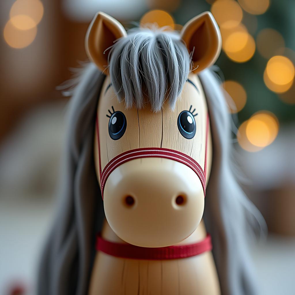  3d wooden, cute rocking horse close up, with big round reflective eyes, long gray fur, adorned with christmas elements.