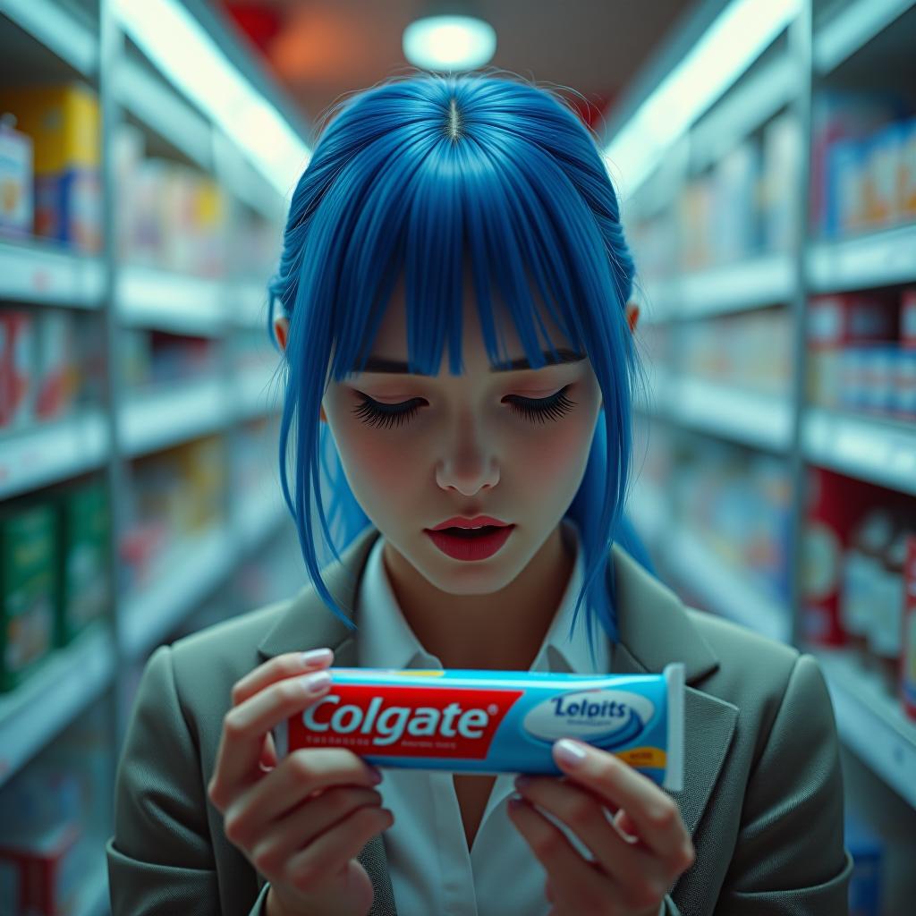  the girl with the blue hair is selling the colgate toothpaste to the stores. she's very upset when her boss is yelling at her hyperrealistic, full body, detailed clothing, highly detailed, cinematic lighting, stunningly beautiful, intricate, sharp focus, f/1. 8, 85mm, (centered image composition), (professionally color graded), ((bright soft diffused light)), volumetric fog, trending on instagram, trending on tumblr, HDR 4K, 8K