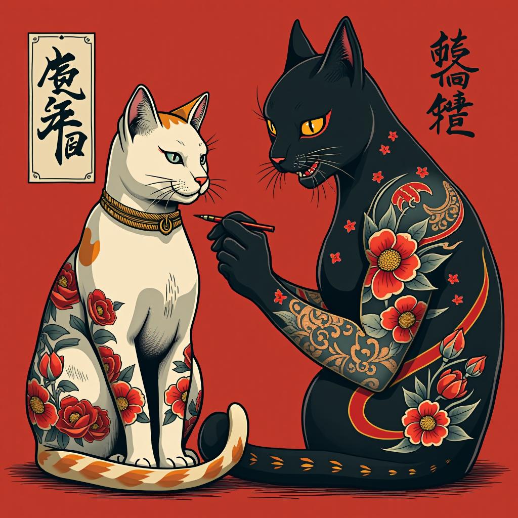  a cat tattoo artist is giving a tattoo to another cat in a japanese style on a red background, with posters about tattoos.