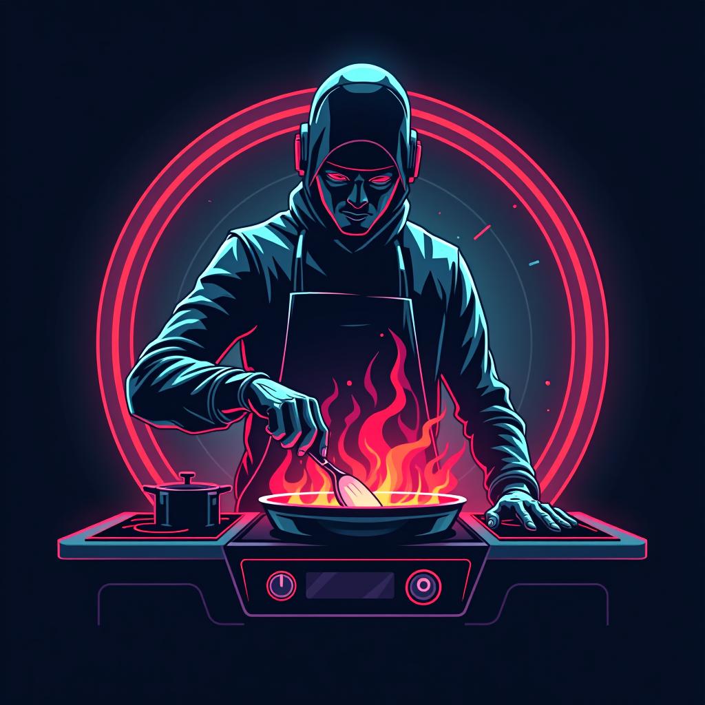  guy cooking at the stove, (logo), advanced, high tech, sleek, sci fi, abstract, digital elements, metallic, neon colors, progressive