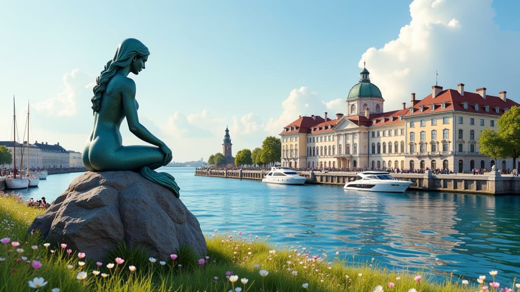  prompt: create a hyper realistic image capturing the essence of denmark's attractions, blending idyllic meadow landscapes with historic buildings and maritime flair. the focal point should be the graceful statue of the little mermaid in copenhagen, symbolizing grace and dreaminess, overlooking harbor canals. include the majestic amalienborg royal palace, showcasing baroque buildings around a grand square, reflecting denmark's royal history. incorporate elements like the carlsberg brewery logo, s