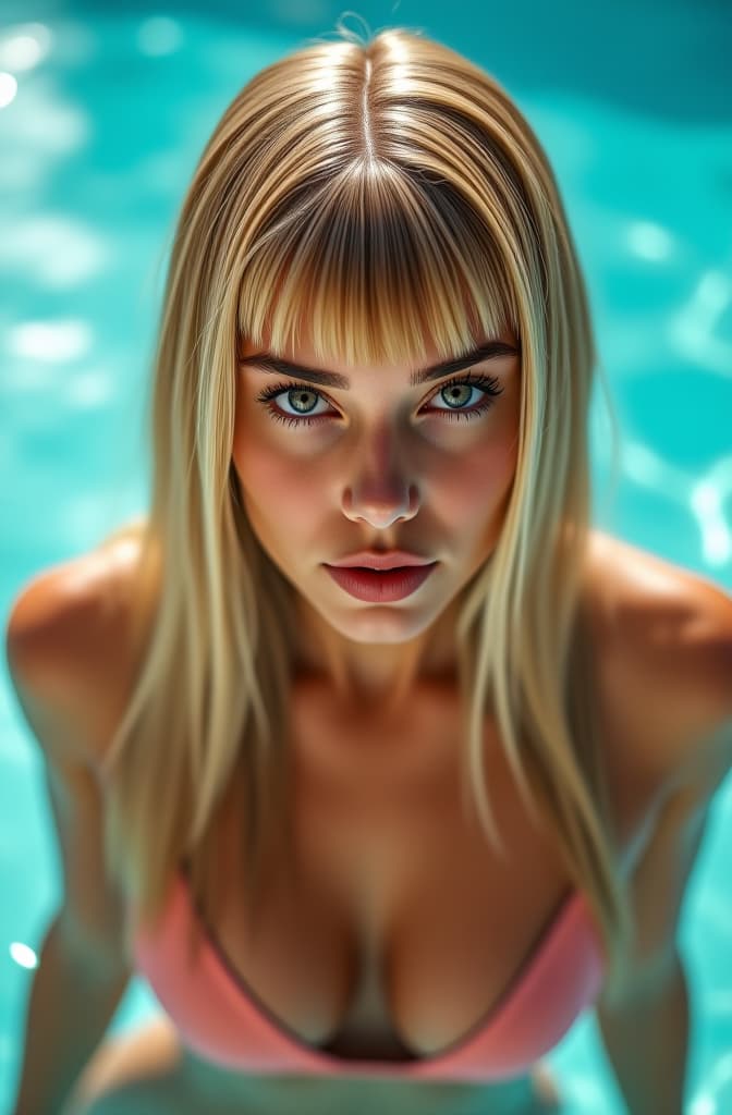  beautiful european 2 old at the pool, perky s, ,, sharp features, blonde long hair dip dyed blunt bangs, close up portrait, strong eyebrows, pov, front view, symmetrical, dynamic pose, beautiful, toned body, model, photoshoot, , full body, hot, gorgeous hyperrealistic, full body, detailed clothing, highly detailed, cinematic lighting, stunningly beautiful, intricate, sharp focus, f/1. 8, 85mm, (centered image composition), (professionally color graded), ((bright soft diffused light)), volumetric fog, trending on instagram, trending on tumblr, HDR 4K, 8K