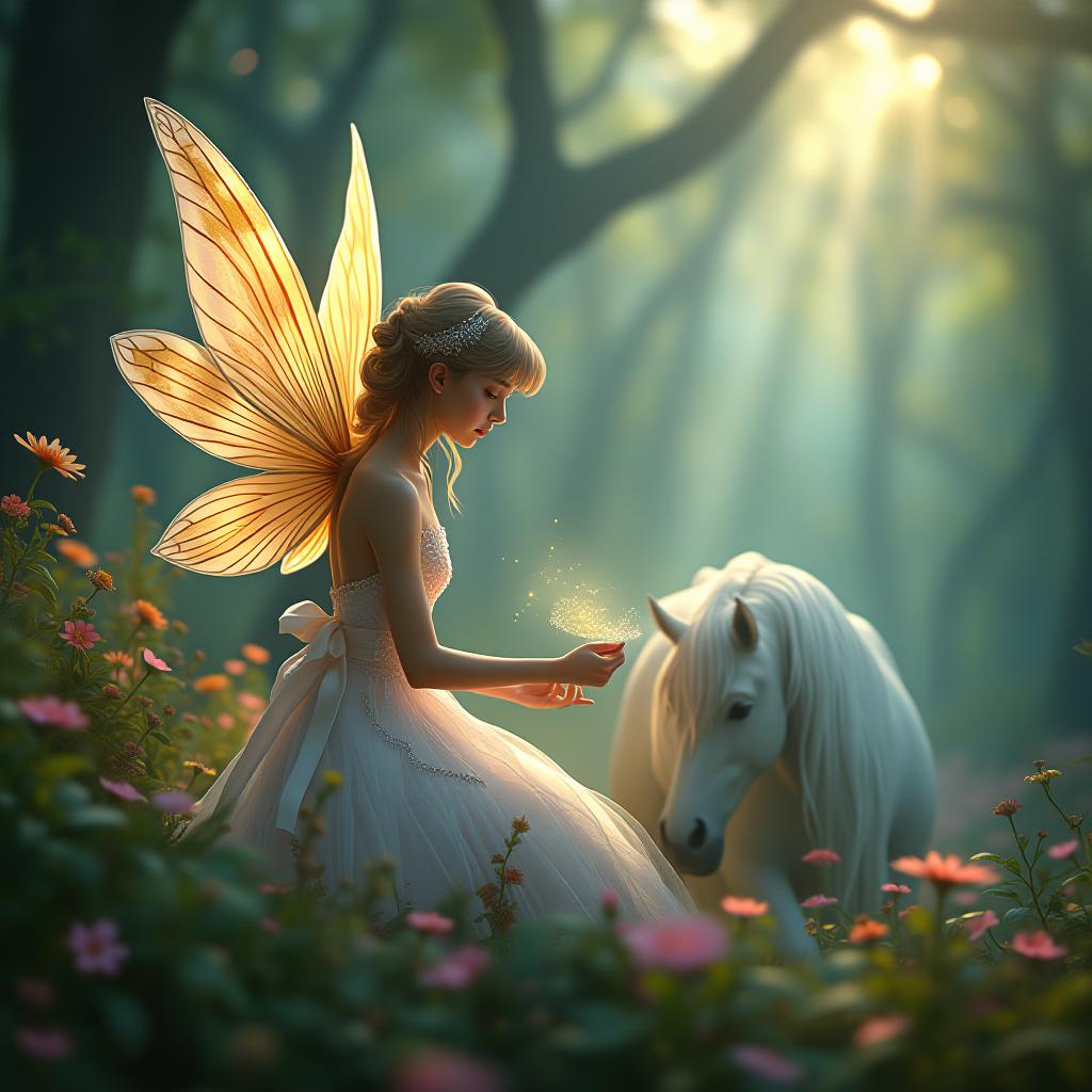  an enchanted forest scene where every action and intention are symbolized. a serene fairy in delicate, radiant attire, tending to glowing flowers while a translucent unicorn grazes nearby. the air is filled with sparkling dust, and the atmosphere is one of purposeful serenity.. the style is digital art illustration,highly detailed, whimsical,magical, dreamlike atmosphere, realism and fantasy blend, smooth, glossy textures,luminous quality, wonder and enchantment. hyperrealistic, full body, detailed clothing, highly detailed, cinematic lighting, stunningly beautiful, intricate, sharp focus, f/1. 8, 85mm, (centered image composition), (professionally color graded), ((bright soft diffused light)), volumetric fog, trending on instagram, trending on tumblr, HDR 4K, 8K