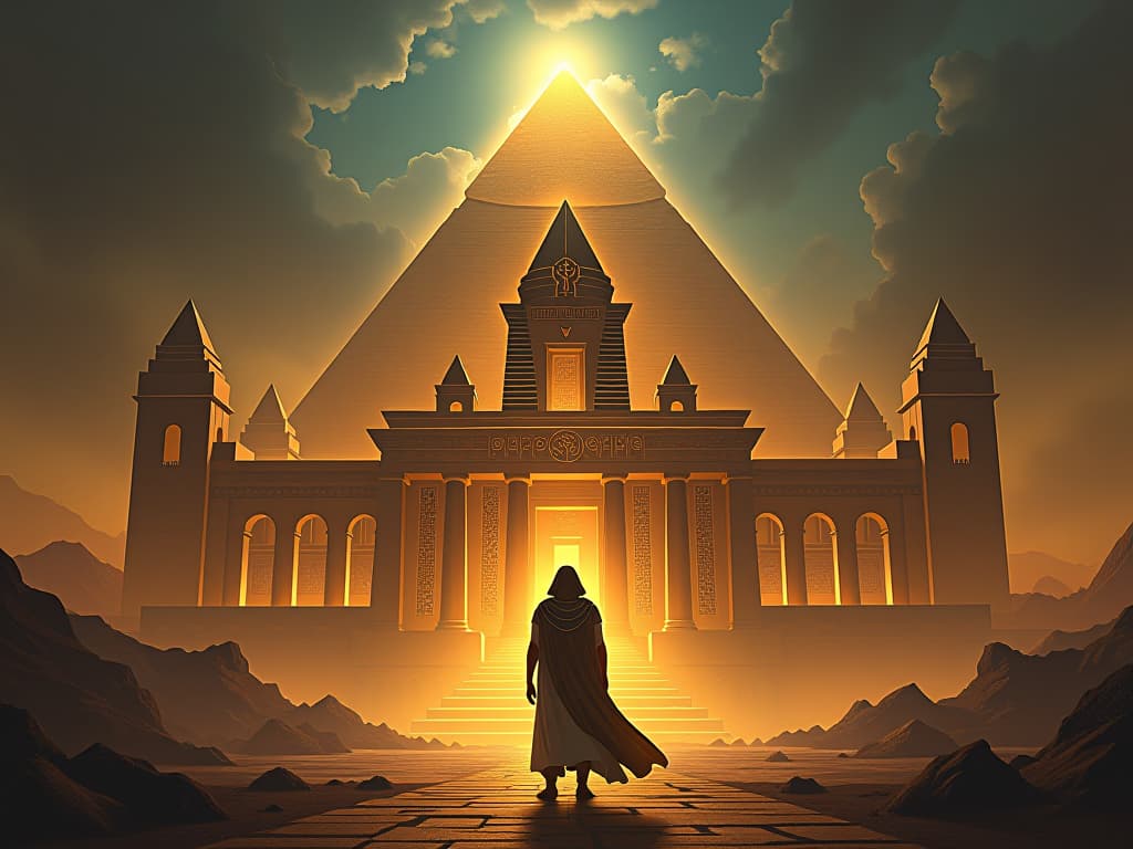  a majestic temple of golden spires, glowing with divine light, atmospheric grandeur, symbolizing limitless potential. the style is digital art illustration / modern comic book / mysterious occult, symbolic, esoteric vibe,high detail on character design, incorporating ancient egyptian symbology and attire.