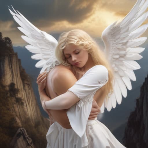 A beautiful winged male angel holding a blonde woman crying in his arms in Surrealist style with Mountains background