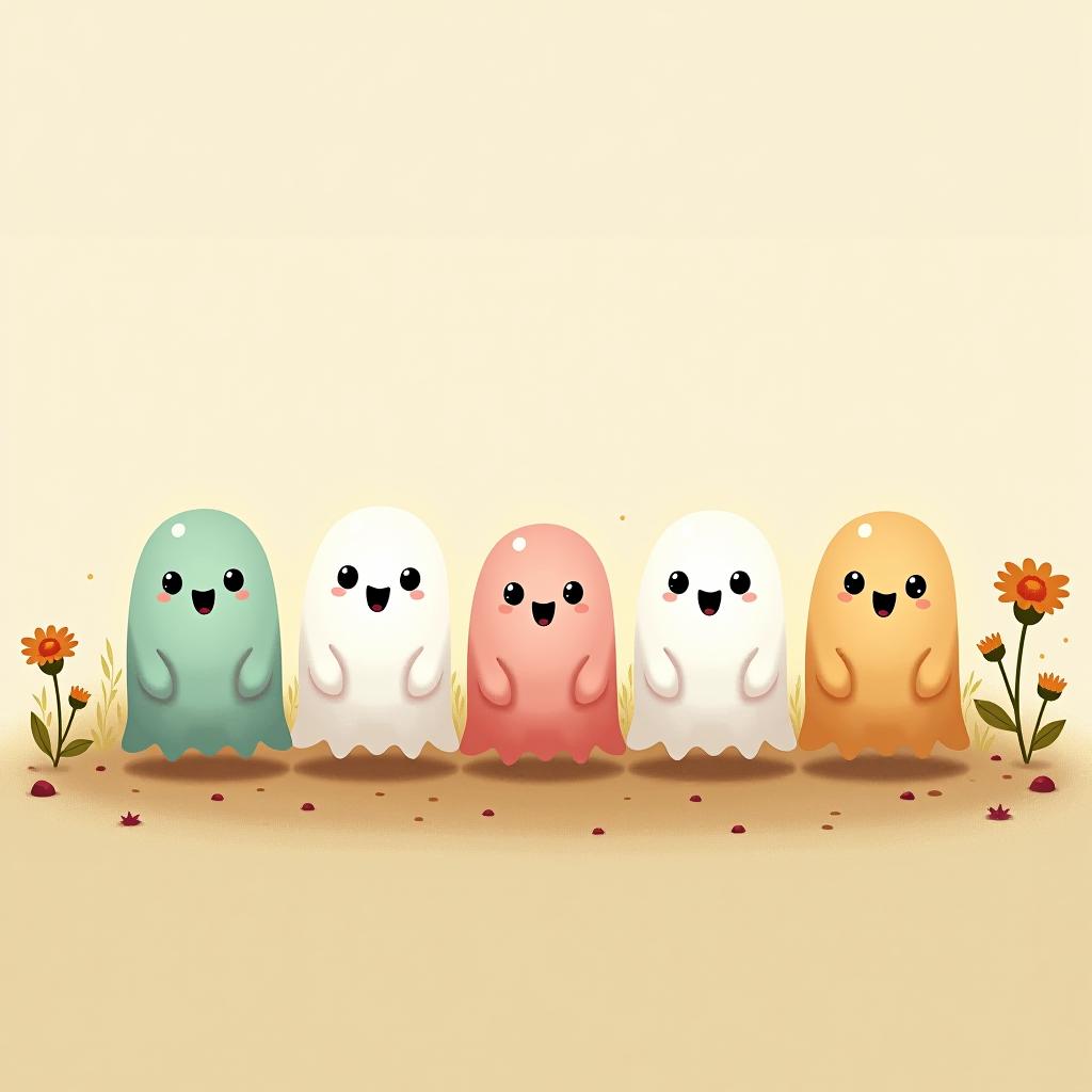  create a digital illustration featuring a row of four or five cute, cartoonish ghost characters, each with a different appearance, standing in different positions within sparse, life like wildflowers.