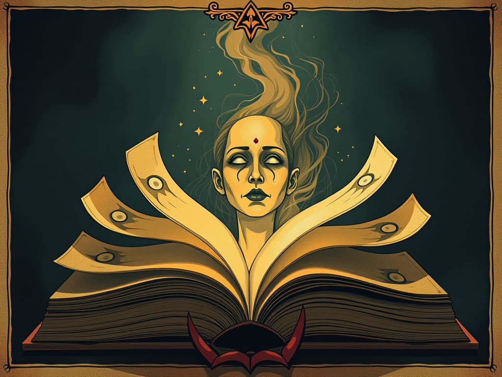  book of life, pages turning, each face on a page, reflective of growth, warm ambient light. an illustration in the style of a worn, mystical old tarot trump card, mysterious and elements of surrealism. the colors are muted, somber and eerie, but with contrast bring out an occult and esoteric vibe.