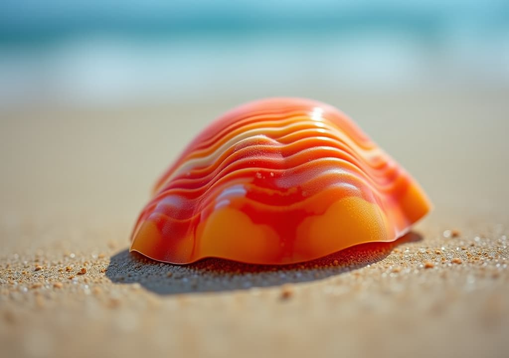  close up macro shot of a vibrant cowrie shell on a sandy beach, nature photography background wallpaper.