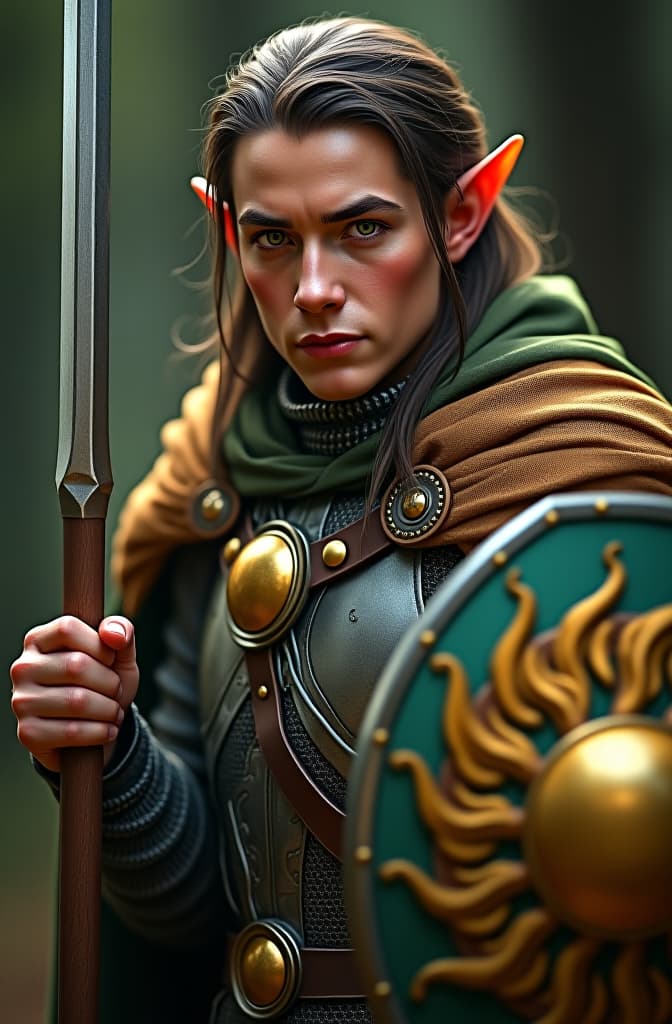  elf man with reddish skin, green eyes and dark brown hair. he is a cleric with chainmail armor with a shield with a golden sun and a mace. hyperrealistic, full body, detailed clothing, highly detailed, cinematic lighting, stunningly beautiful, intricate, sharp focus, f/1. 8, 85mm, (centered image composition), (professionally color graded), ((bright soft diffused light)), volumetric fog, trending on instagram, trending on tumblr, HDR 4K, 8K